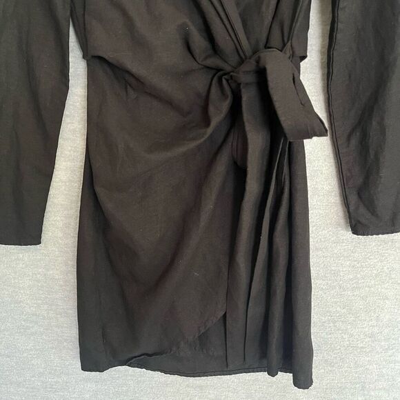 H&M Linen Blend Wrap Dress Womens XS Black Long Sleeve Kimono Capsule Minimalist - Picture 3 of 11